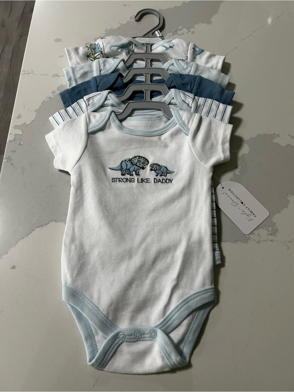 Baby Boys White & Light Blue Dino Bodysuit - Strong Like Daddy (5-Pack)